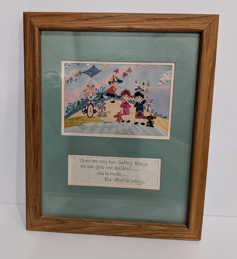 Vintage Framed Art 70s Roots and Wings Nursery Decor Children Kite Puppy Retro